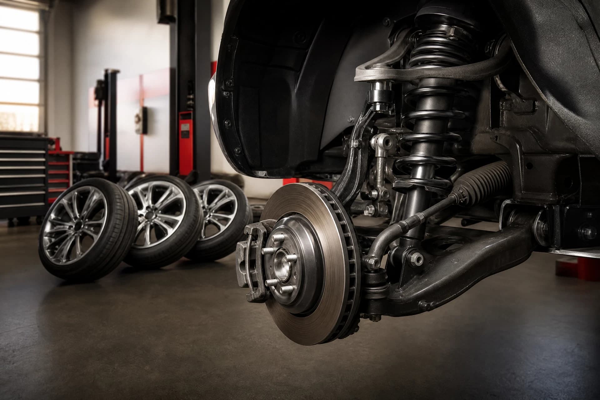 Automotive suspension components and alloy wheels in a service bay