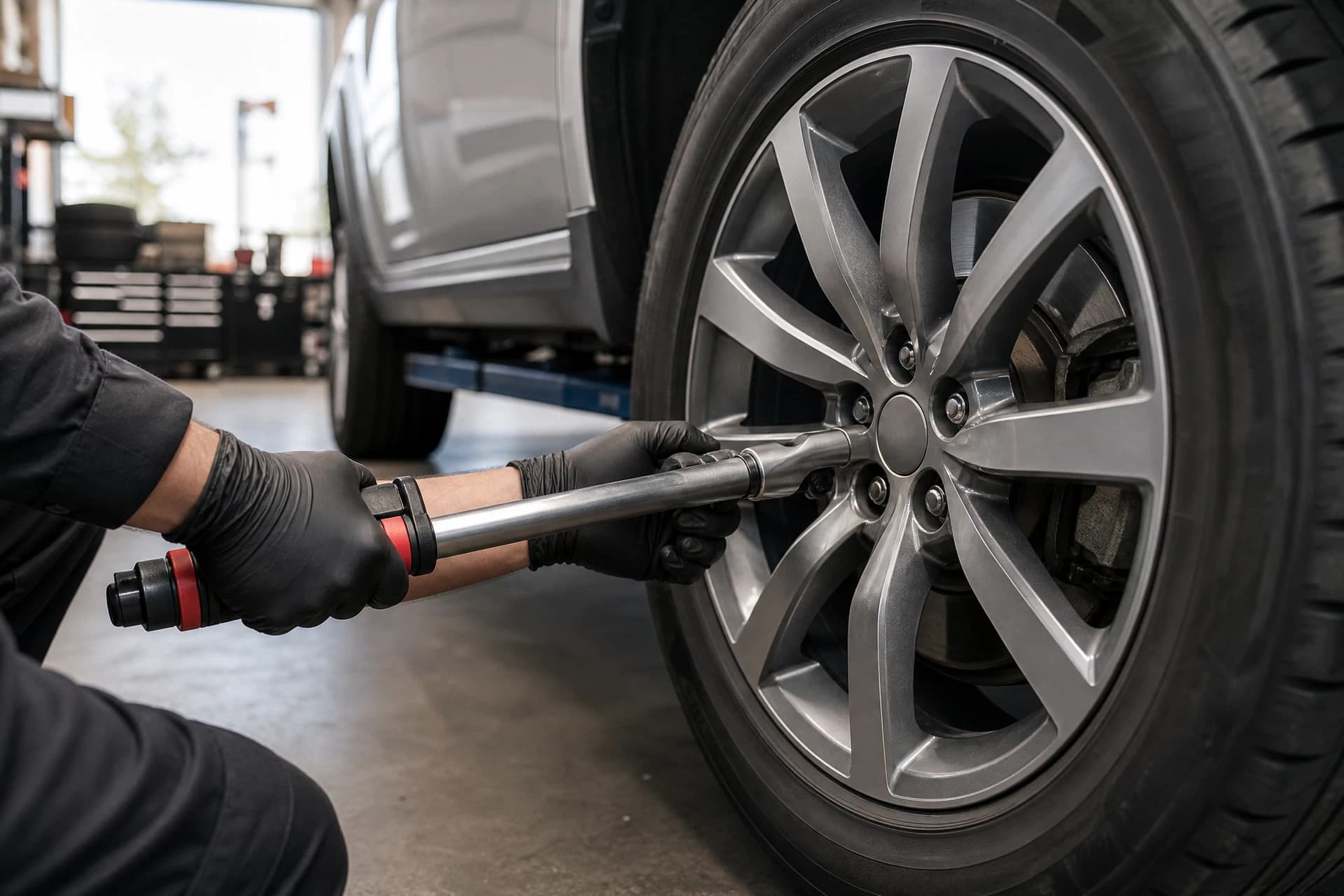 Wheel being secured during professional tire service